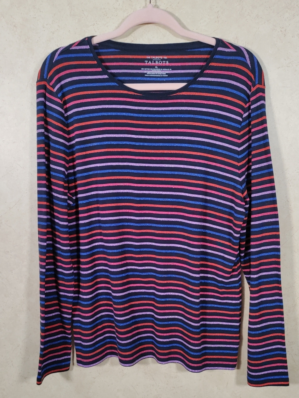 I133 Talbots Navy Long-Sleeve Striped Tee with Pink & Blue